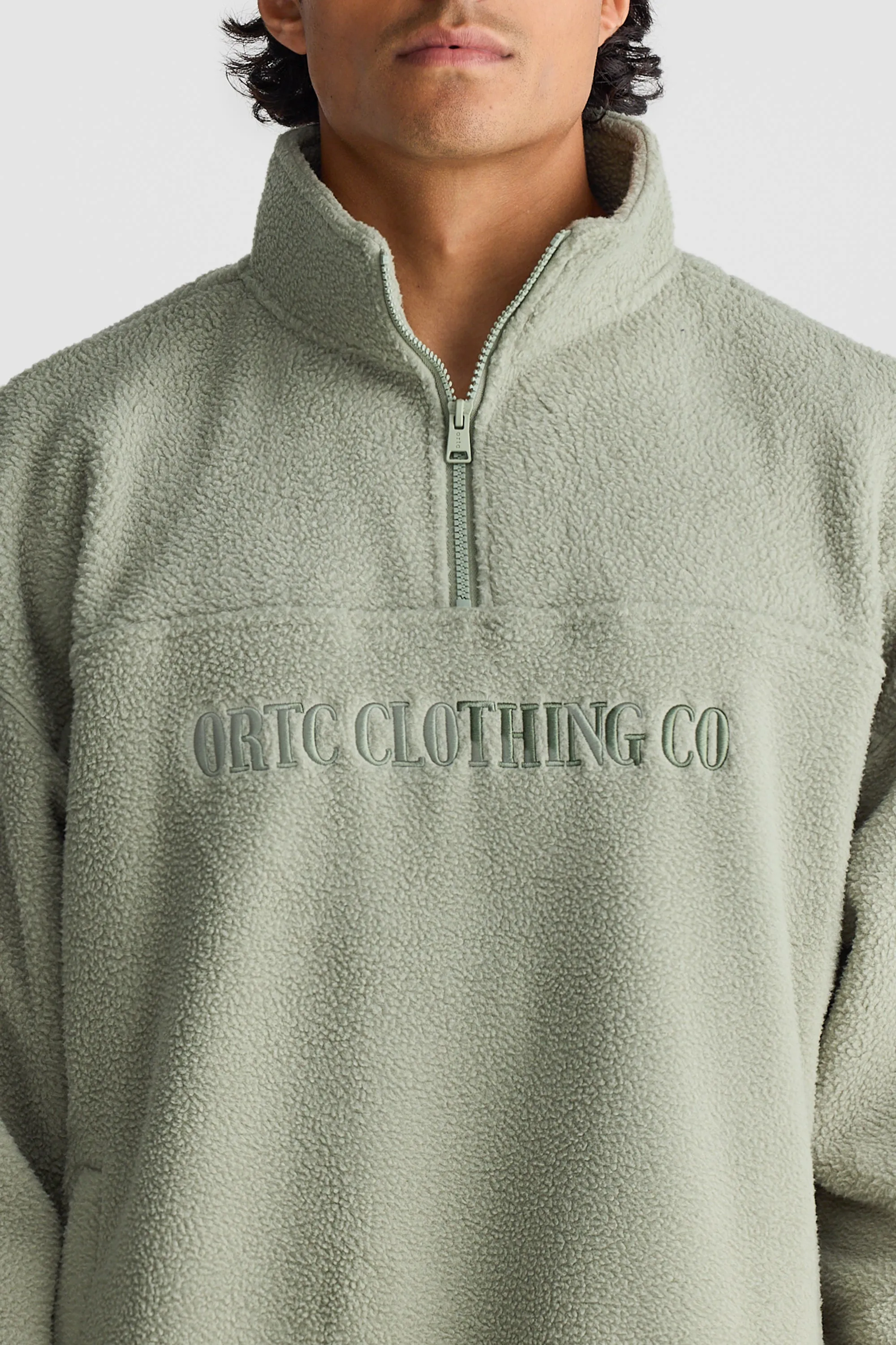 Unisex Sherpa Fleece Logo Quarter Zip Dusty Olive