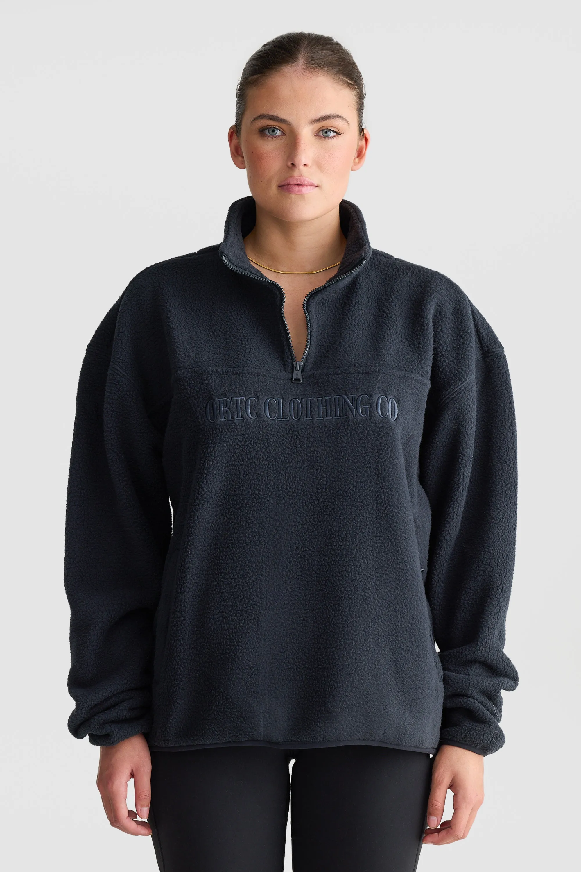 Unisex Sherpa Fleece Logo Quarter Zip Washed Black