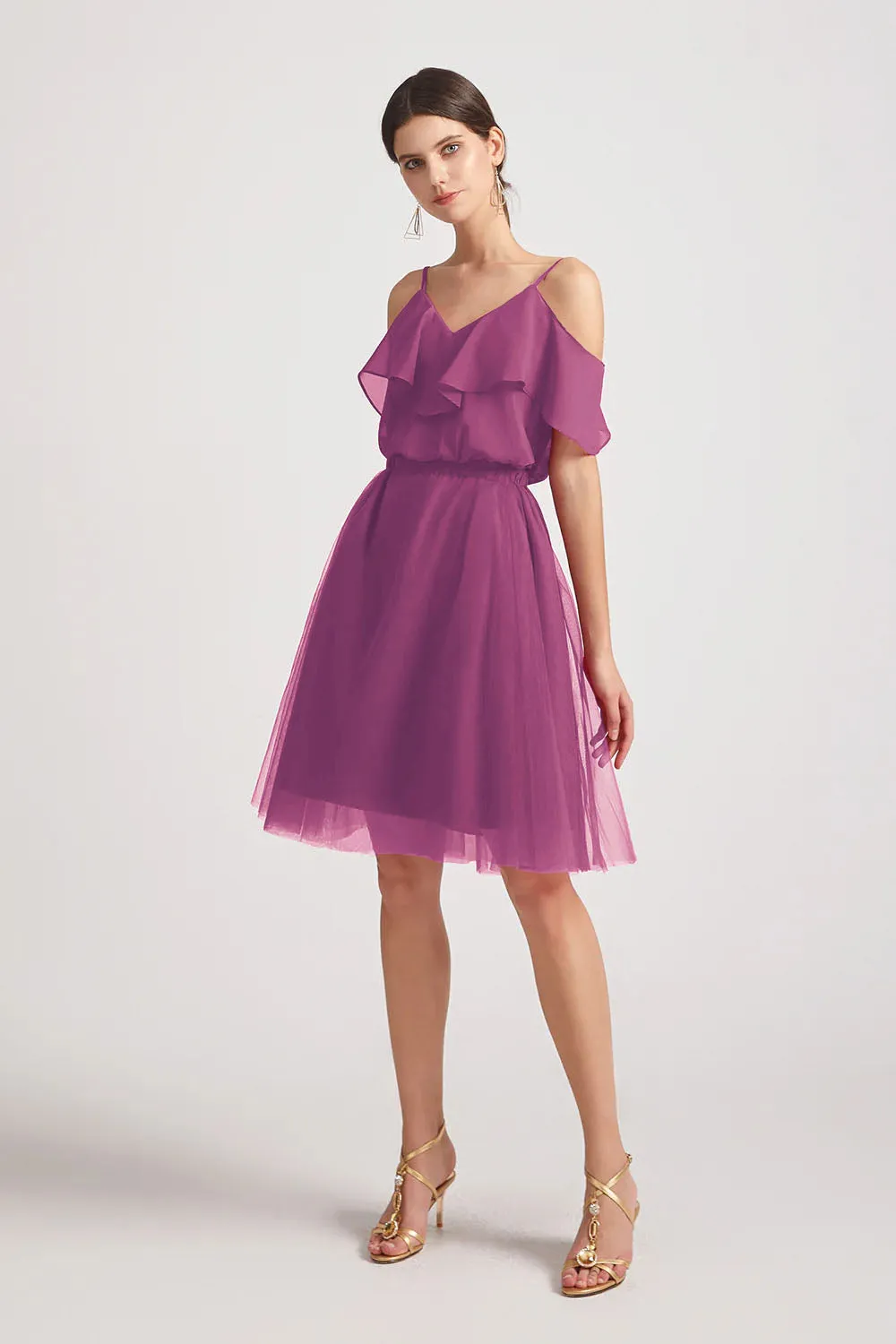 V-Neck Two Pieces Short Chiffon Tulle Bridesmaid Dresses (AF0186)